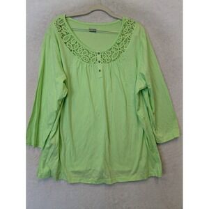 Basic Editions Blouse Women's 1X Lime Green Crochet Lace Neck 3/4 Sleeve Top